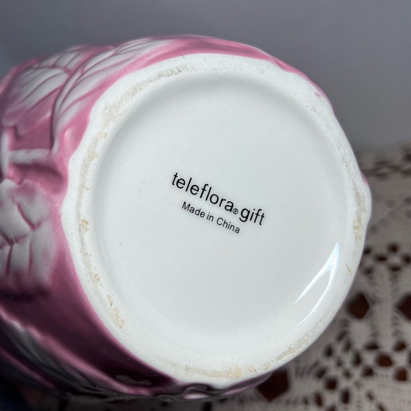 Teleflora Pink Ceramic Vase with White Rose & Hummingbird Relief – 9” Tall - Picture 6 of 12